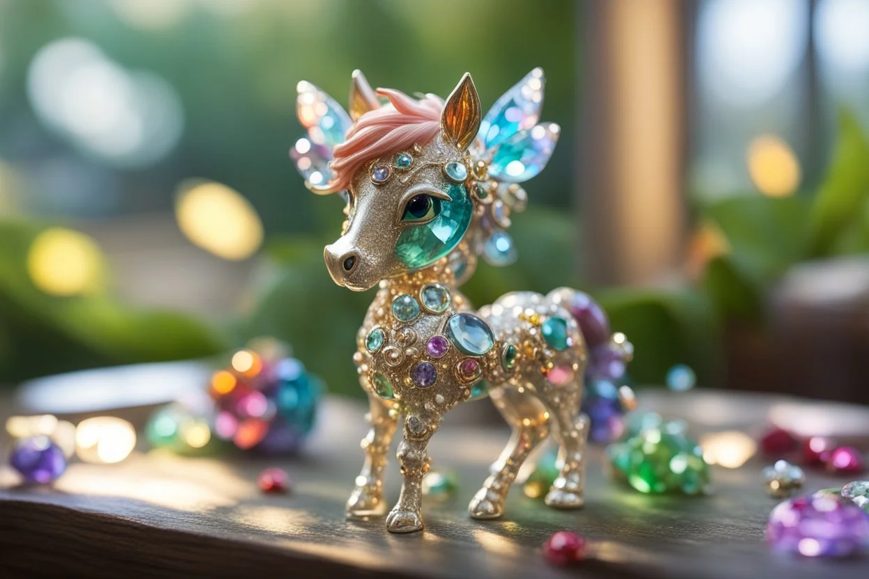 Coloured glass cute chibi horse fairy in the garden set with gemstones, glittering metal stems and gemstone leaves on a room table sharp focus elegant extremely detailed intricate very attractive beautiful dynamic lighting fantastic view crisp quality exquisite detail gems and jewels S<AI in sunshine Weight:1 Professional photography, bokeh, natural lighting, canon lens, shot on dslr 64 megapixels sharp focus Weight:0.9