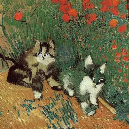 Portrait of kittens in a flower garden by Van Gogh