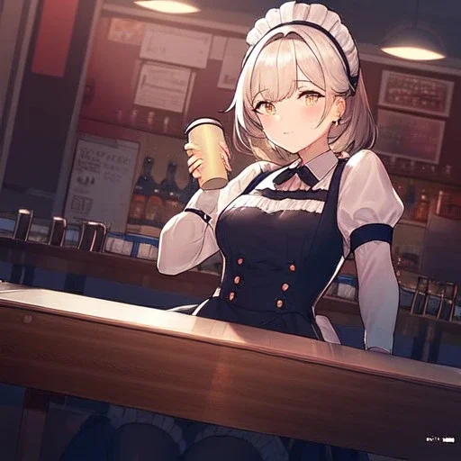 anime waitress taking her break at booth inside a New York diner with two identical coffee cups placed in front oh her on the table,cup is runeth over