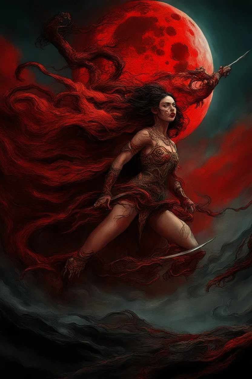 A dramatic digital painting portraying a warrior-girl and horror monster under the Red Moon, veins pulsing, claws of temptation visible, soul in turmoil. In the style of Salvador Dali and Van Gogh , vivid colors, swirling brushstrokes, highly detailed, 8k resolution, surrealistic., juicy emotions, painting, gloomy fantasy, gloomy day, dark world, portrait, oil and graphite, wide strokes, a weaving frame around, by Ryohei Hase, Agnes Cecile, Raymond Swanland, Anne Bachelier