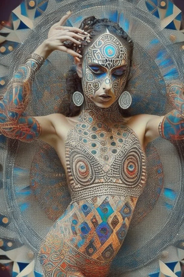 gypsy dancing, Feng Shui, optical illusion body art, chaotic matrix patterns, intelligent use of composition, creative use of textures, unique repeating patterns, perfect body parts, Perfect hands, perfect nose, perfect ears, Perfect feet, perfect symmetrical eyes