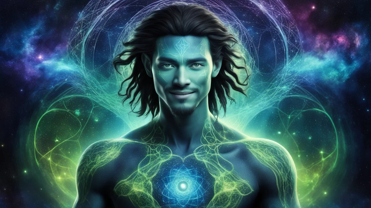 beautiful gorgeous young man na'vi with long hair, Avatar, blue skin, two small ears, green eyes, black hair, in cosmic suit, galactic ambiance, medium pointy goatee , smiling, nebulas and sacred geometry light figures on the backgroud,