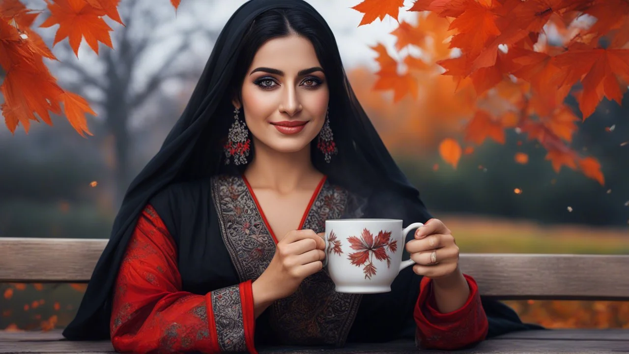 Hyper Realistic Photographic Close Face Shot Of A Beautiful Pashto Woman With Beautiful Black Hair Wearing A Black With Silver Red Embroidery Dress And Black Dupatta, Happily Sitting On A Bench Holding A Mug Of Hot Tea With Smoke Coming Out From Mug Enjoying Beautiful Full Moon In A Beautiful Garden With Orange Dry Leaves Falling From Trees In Autumn Season At Cloudy Night With Fireflies Around Her Showing Dramatic And Cinematic Ambiance.