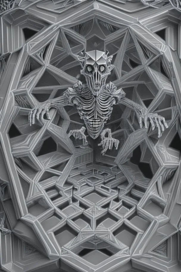 hexagon chrome labyrinth featuring gargoyle skeleton in the style of escher, 8k, trending art