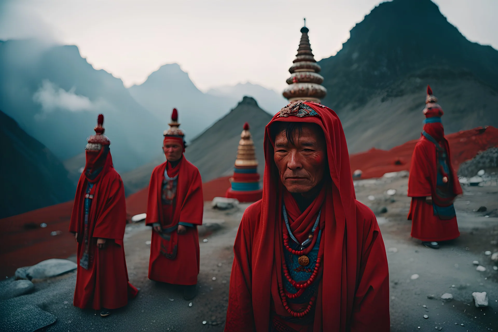 Peter McKinnon-Alex Strohl close-up weird tibetan Misty carved Temple stupa mountains swith weird humanoids dressed as Guadalupe in red lingering around in 1950 by Richard Billingham, Fujichrome provia 100F, unicorncore, whimsical, weird, odd gloomy sunset, animals and people, weirdcore , stunning details, 8k, style raw style raw, neon pop '80s oil paint-style raw, Mario Bava-Boris Mikhailov ,greg rutkowski