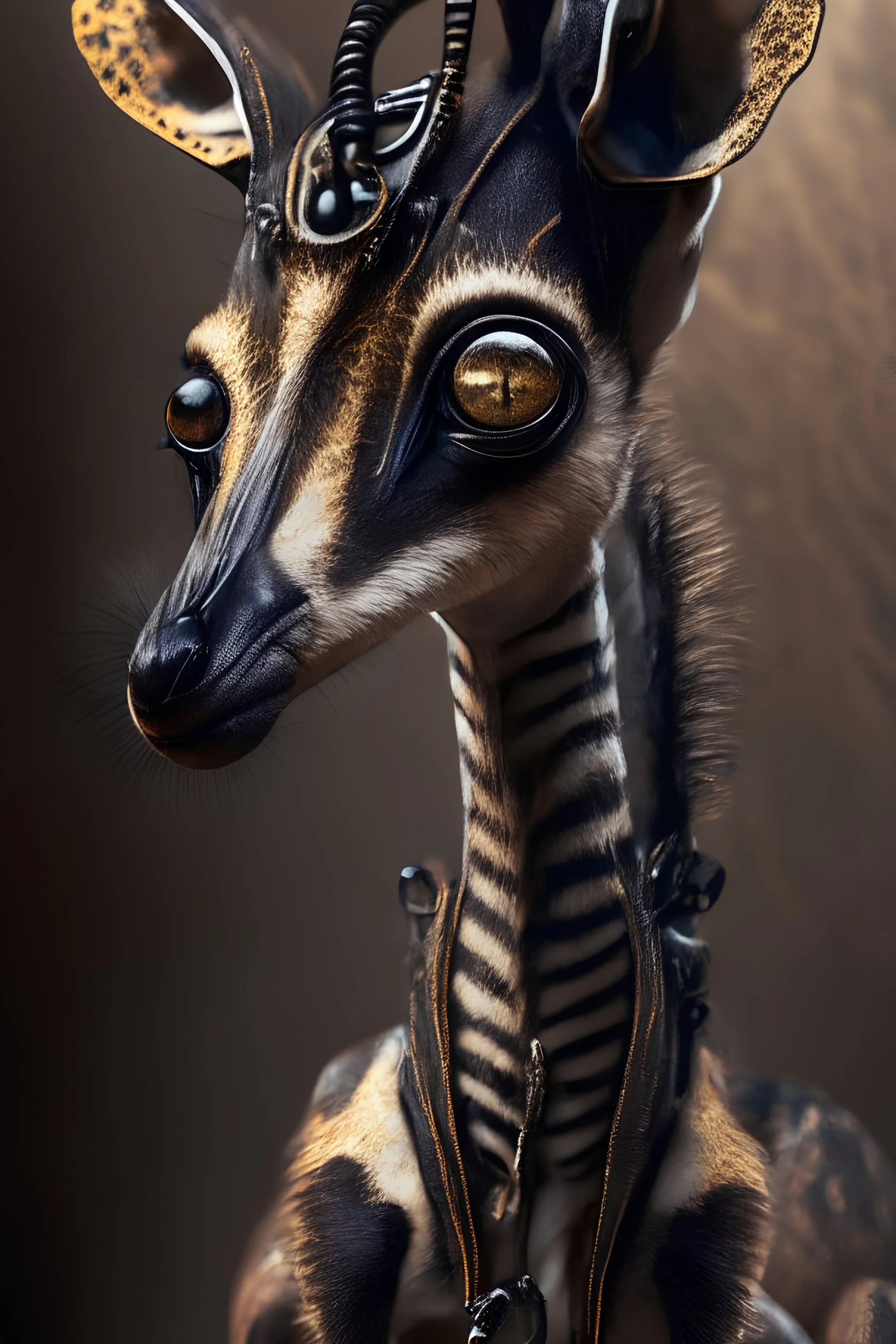 okapi lamb meerkat,hyperrealism, masterpiece, expert, 8K, dramatic lighting, sharp focus, dark, black, steampunk