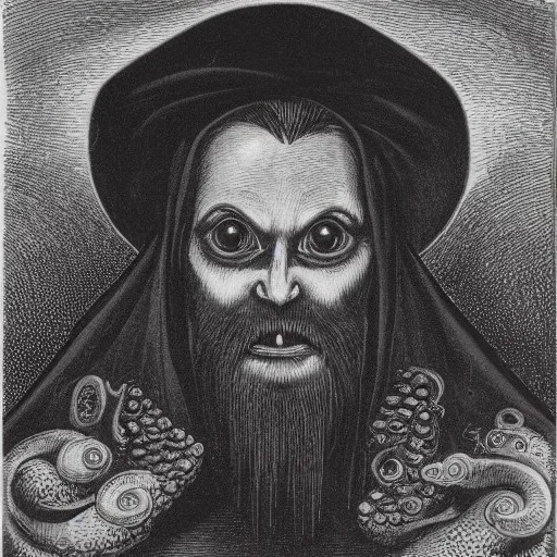 Vampire with yellow eyes with fleshy tentacle beard grey skin and fangs and vampire bat nose as a Russian Orthodox