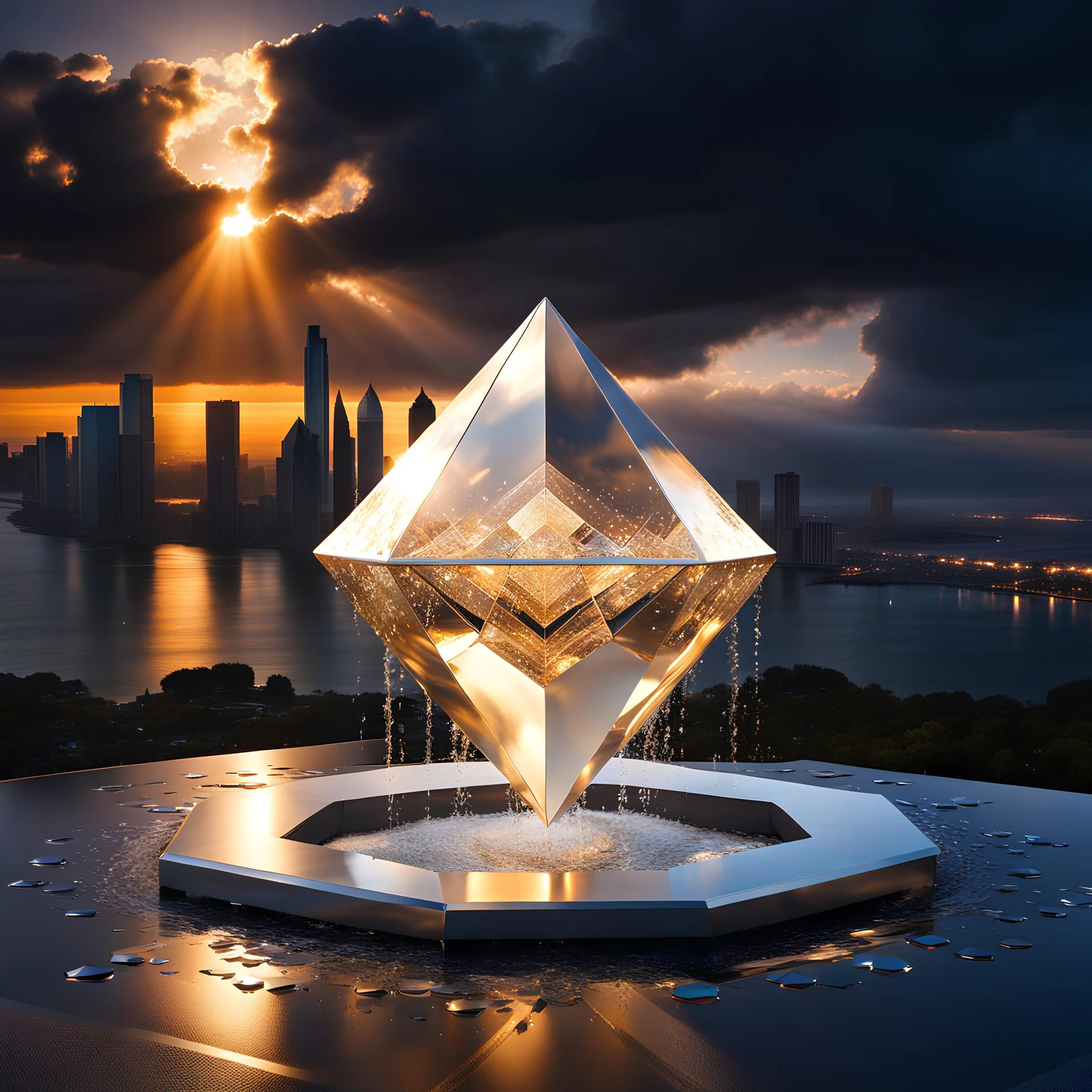 In a mesmerizing scene, envision 4 diamond and silver and gold symetric hexagonal prism repeating 3d mandelbolb fractal structure halfly filled with water splash against the backdrop of a gleaming modern futuristic future stormy sunset cityscape. Suddenly, without warning, the hexagonal prism begin to collapse and drops to the water making water splashes, creating a symphony of light and sound as they shatter into a myriad of sparkling fragments. Explore the juxtaposition of beauty and destructi