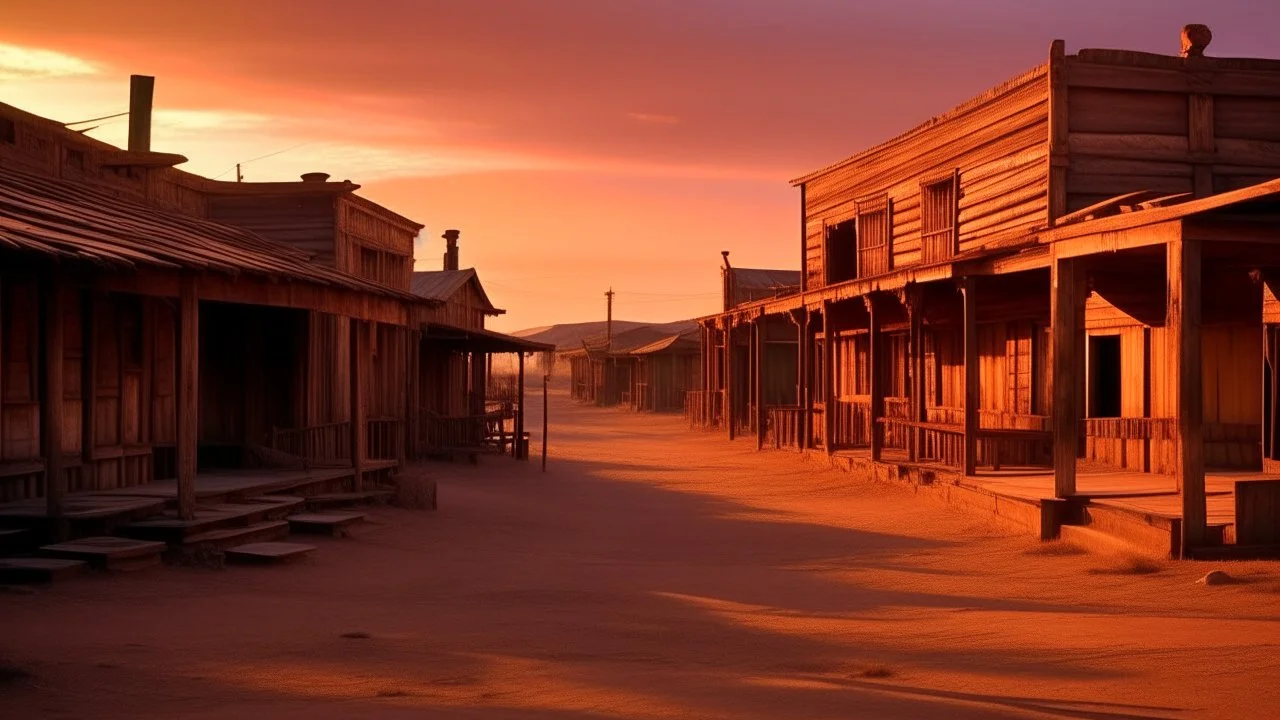 Una ciudad fantasma del oeste americano con edificios de madera abandonados y polvo, al atardecer, en estilo que evoca el western cinematográfico, composición en perspectiva con la calle principal como eje, iluminada por una luz rasante que alarga las sombras y tiñe todo de naranja, paleta de tierras, ocres, marrones y cielos violáceos, generando una atmósfera de abandono, leyenda y fin de ciclo.