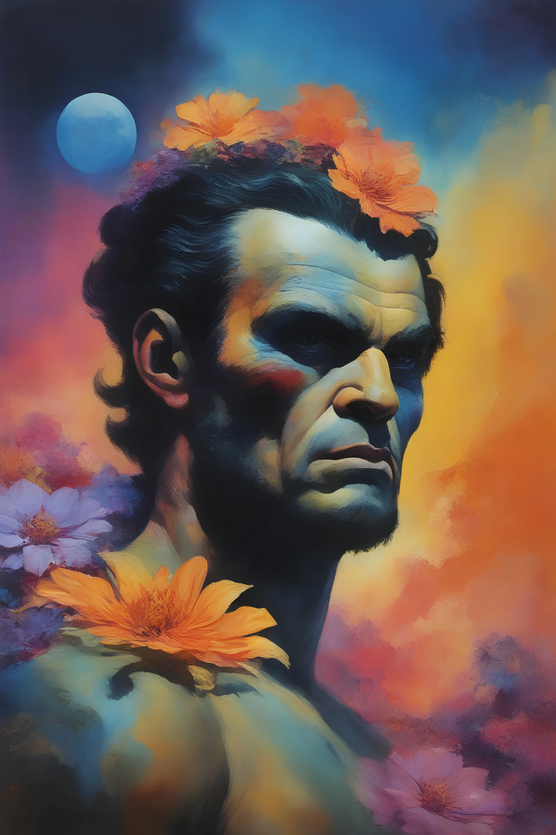 mugshot, Planet of the Vulcans, multicolored, large, floral designs, atmospheric, beautiful, oil painting by Frank Frazetta, 4k UHD, Photorealistic, professional quality