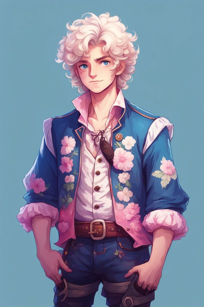 kind young sailor, man, white slightly curly hair, pirate shirt, pink and azure clothes, white floral pattern on jacket, flower in hair, stardew valley style