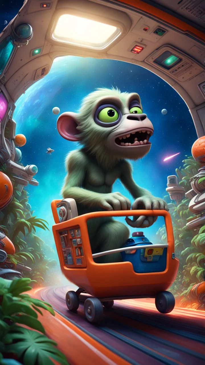 big ass space repugnant hairy alien ape puma in tiny cart floating around in space among weird living space camper ship driving down weird twisted track in space station jungle, spell jammer, Pixar-inspired, expertly crafted in a whimsical and vibrant cartoon style. is masterfully rendered in a lifelike 3D design, which captivates viewers with there irresistible charm. The background is filled with warm, inviting colors and a 3D render, creating a cinematic. depth of field