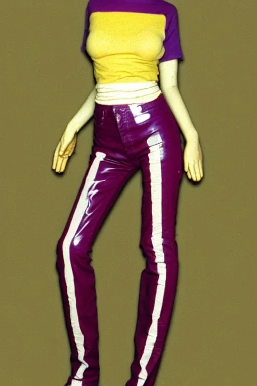 Photograph of a woman. Low waist jeans, baggy, loose fit, 1996,1997,1998!Big serigraph print of a plant!Terracotta,cream,purple,lilac. Cream colored latex parts. imperial yellow, red plum stripes, only on the top half of t-shirt. European daft punk woman. Mantle is sewed of recycled Denim and sewed together of recycled polymer felt. lace, Yellow(Munsell) areas. hint of orange as effect color!!Big bright purple/khaki felt tippet and cream or blue or lilac colored-hood. mantle is merged with cobal