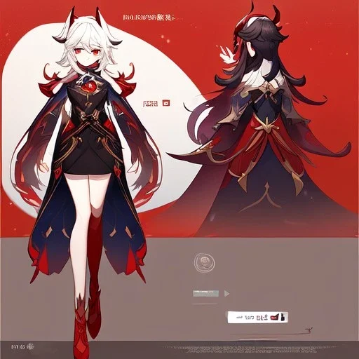 Clear focus,High resolution, Black long hair, Red eyes, Red horns, Wearing a Genshin Impact inspired outfit with black and red as the main color,Outfit includes a short skirt, Looking away from the viewer, Full body, Concept art