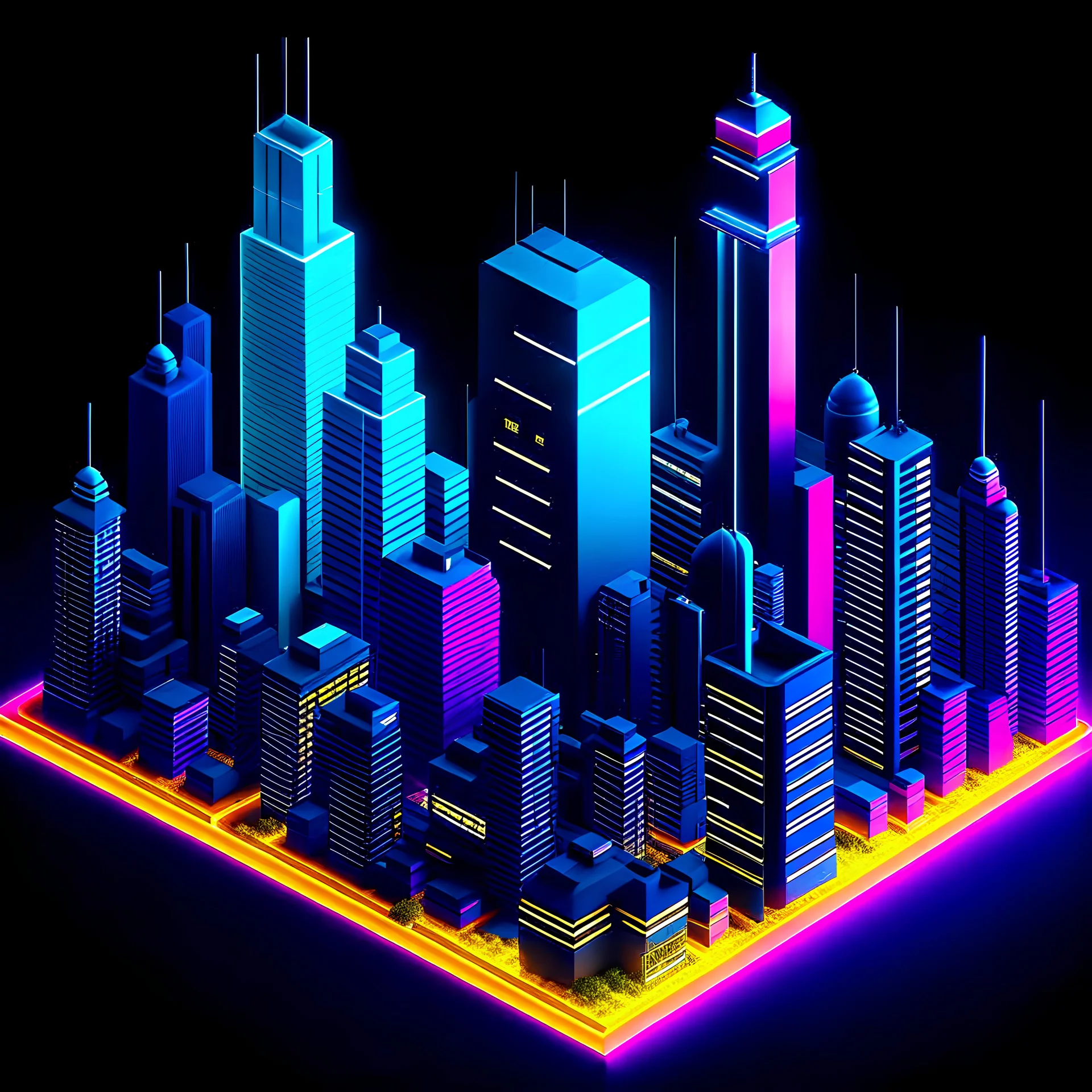 Design a captivating isometric futuristic cityscape with NFT metaverse aesthetics, featuring sleek skyscrapers, advanced technology, and vibrant landscapes that showcase a dynamic and immersive virtual environment.