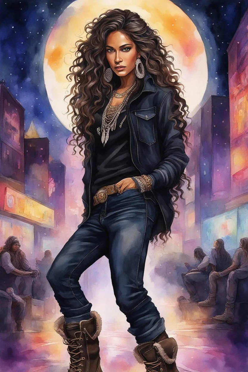 Create a watercolor image of an native american female wearing a black jean outfit with timberland boots. Prominent make up with hazel eyes. She is wearing large diamond hoop earrings. Extremely highly detailed very long curly hair that shines. Background of a night club.