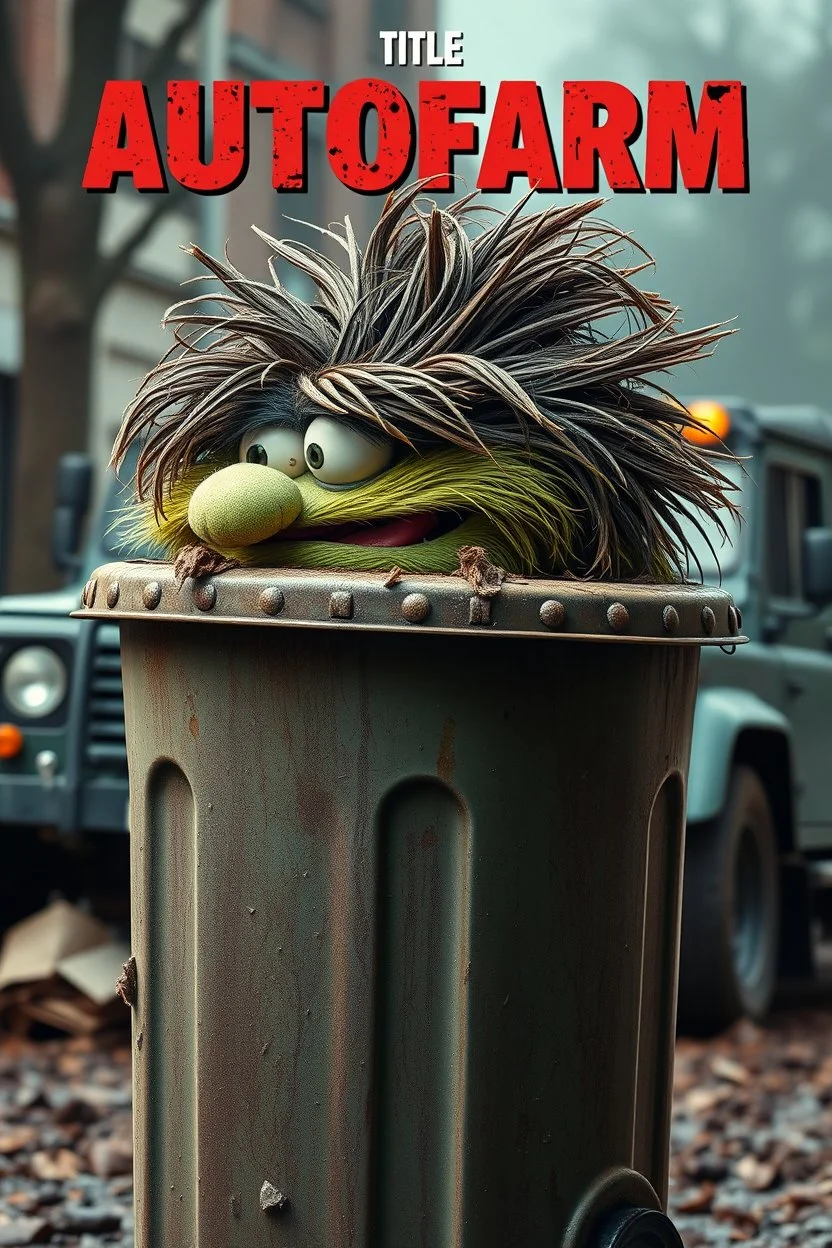 DIRTY CUTE HOT EUROPEAN Oscar the AUTOFARM Grouch SESEME ST CHARACTER IN LARGE GARBAGE TRASH BIN,GARBAGE TRASH BIN, side profile, "GARBAGE TRASH BIN IN FRONT" man in super blackscary (((((autofarm)))))) TITLE in movie poster movie style horror look. as five headed mouth open, rough teeth, turn head around, landrover crash in background(&*&*^%$^#%$#%$^%$#^#$#^%#$^$#