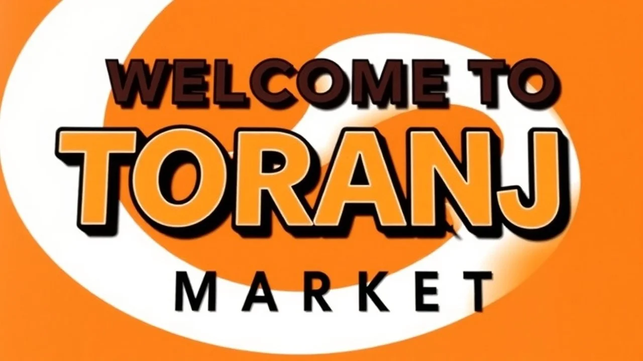 A design with the words (WELCOM TO TORANJ PLUS MARKET) in the middle of the image in a raised, three-dimensional manner with black shadows around the words on a saccodolic orange, red, and white background.