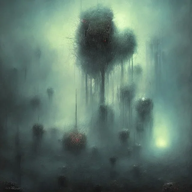 photographic camera in abstract style. fog and smoke in atmosphere. bokeh, lens flare. Dark mood. Dripping paint. oil on canvas, high detailed. beksinski