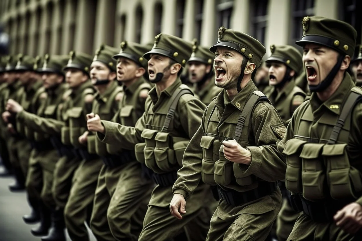 Soldiers marching in formation; military parade; passionately shouting;