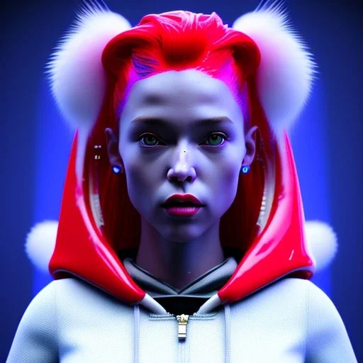 British woman, rounded face, bubble gum, x, blonde, red, blue, white, hoodie, feathers, retro, latex, leather, soft color, highly detailed, art stations, concept art, smooth, unreal engine 5, god rays, ray tracing, RTX, lumen lighting, ultra detail, volumetric lighting, 3d, finely drawn, high definition, high resolution, neon background.