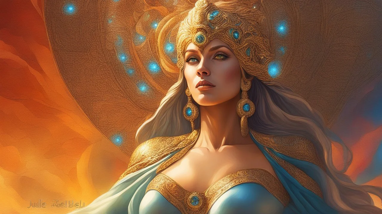 The stunning beautiful goddess of light. concept art, mid shot, intricately detailed, color depth, dramatic, 2/3 face angle, side light, colorful background. Painted by Julie Bell