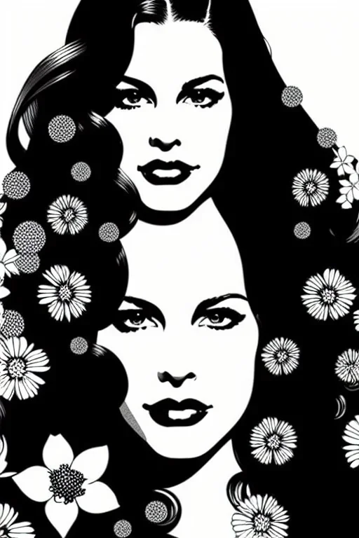 hyper detailed, black and white, thick line, coloring book illustration, lineart, stunningly beautiful liv tyler in flowers, jim lee