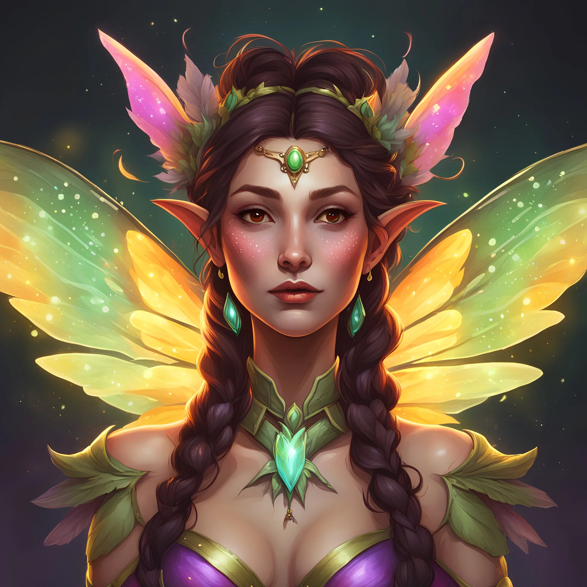 portrait of a daggerheart faerie character. she is female, with a beautiful face and has colorful, firefly wings. she is an elemental sorcerer.