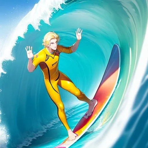 blonde hair anime boy surfing under a wave, make hands look realistic, standing up on a surfboard,wearing an orange wetsuit, make feet look realistic, balancing on a surfboard, waves crashing all around him, make face look realistic, both feet on the surfbaord