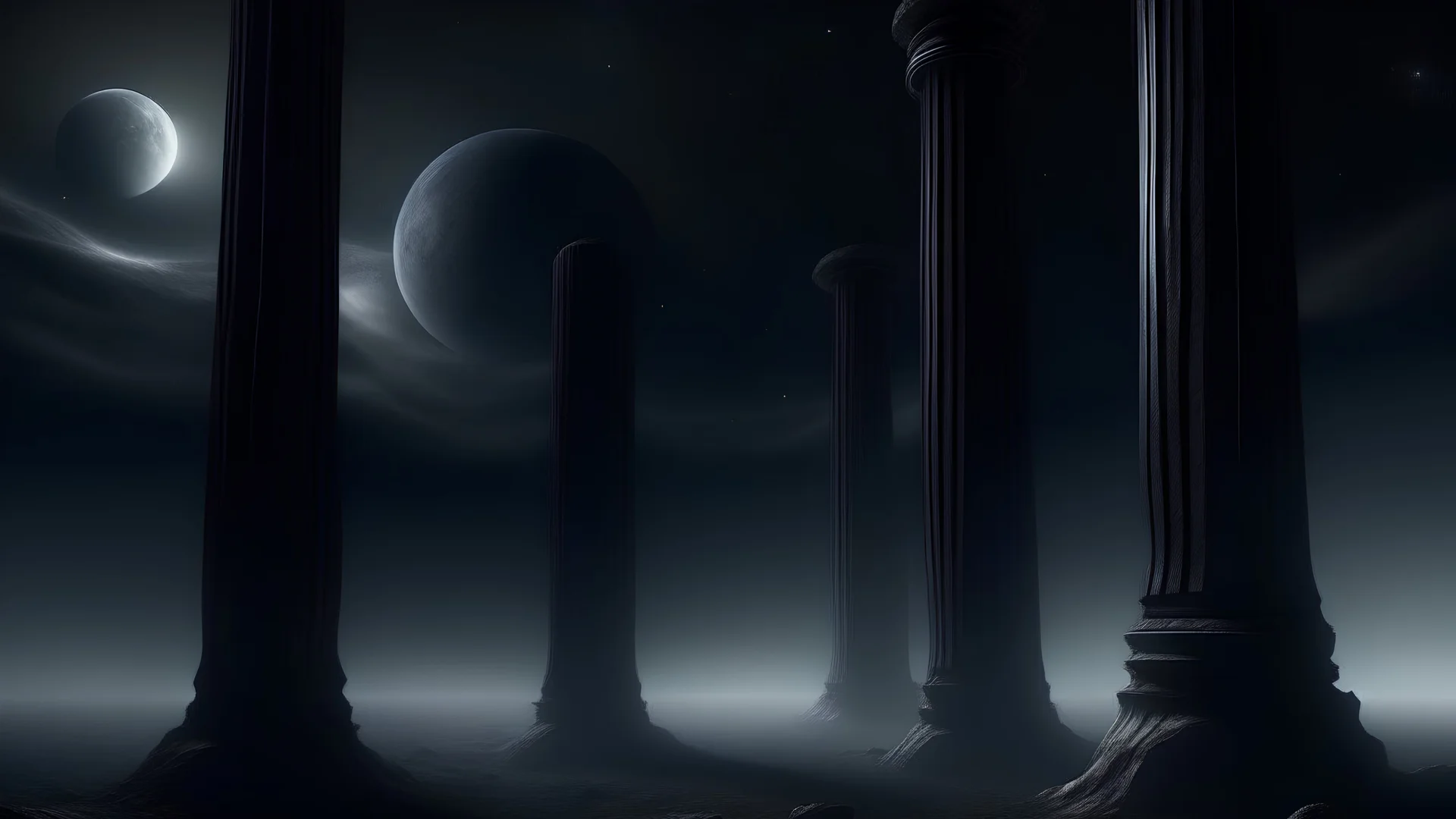 Pillars in space, dark landscapes floating in the air.