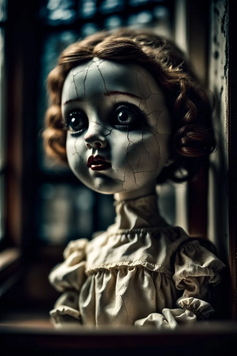 ooking at the camera a high realistic porcelain doll, old, dirty with old dress, sitting on shelf, in background blur cracked window. The figure has cracked face and head, and big black eyes. High contrast, cinematic, thriller, dark, atmospheric. Surreal style , perfect composition, sharp focus, intricate details, crepy stunning