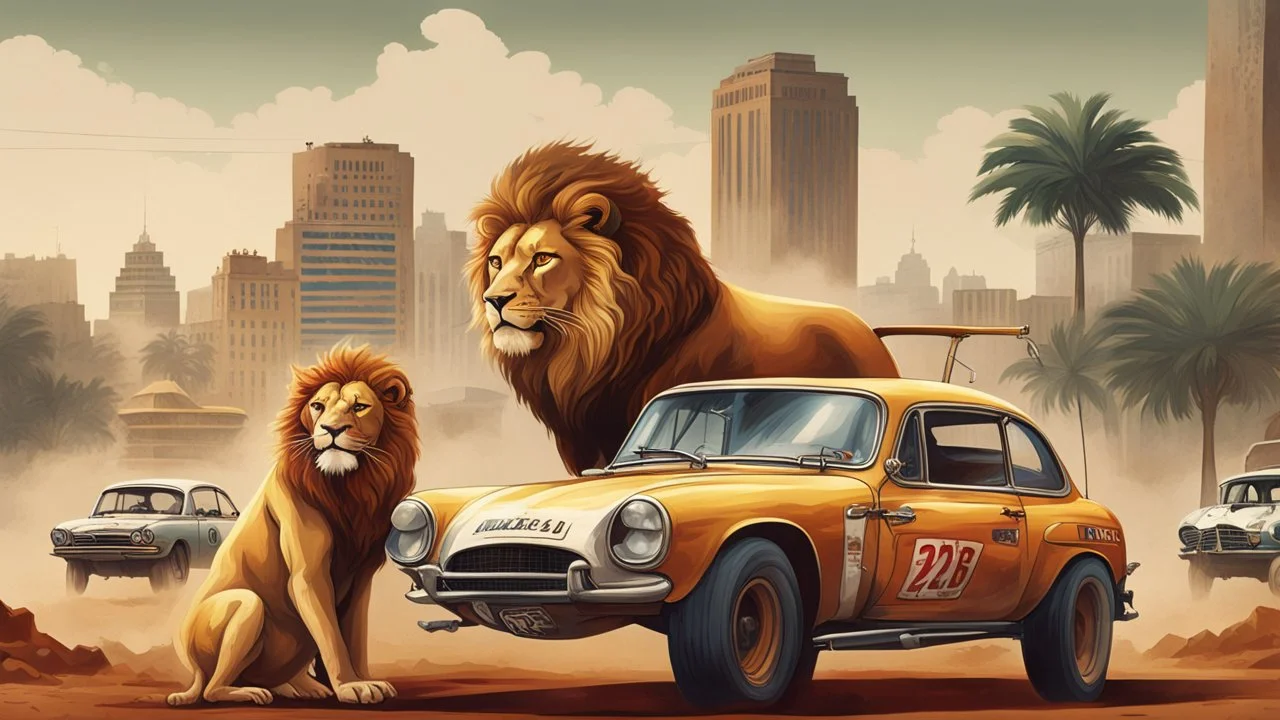 "I'm envisioning a sensational poster for '<Achayo> Vintage Rally Racing: Car vs. Lion Showdown.' The backdrop should showcase an Ethiopian cityscape, providing an urban setting for the vintage rally action. In the foreground, a stylish vintage rally car stands ready, its driver geared up for the ultimate showdown. Next to the car stands a majestic lion, symbolizing the power and strength of nature. Use earthy tones for the city background, vibrant colors for the rally car, and natural tones for