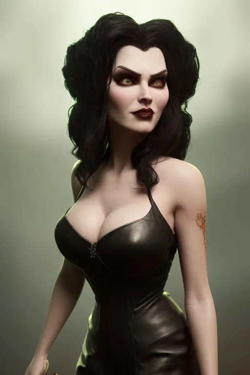 Amy Dumas as evil queen in black leather gown, evil, busty, cleavage, curvy, angry, stern look. character design by cory loftis, fenghua zhong, ryohei hase, ismail inceoglu and ruan jia. unreal engine 5, artistic lighting, highly detailed, photorealistic, fantasy