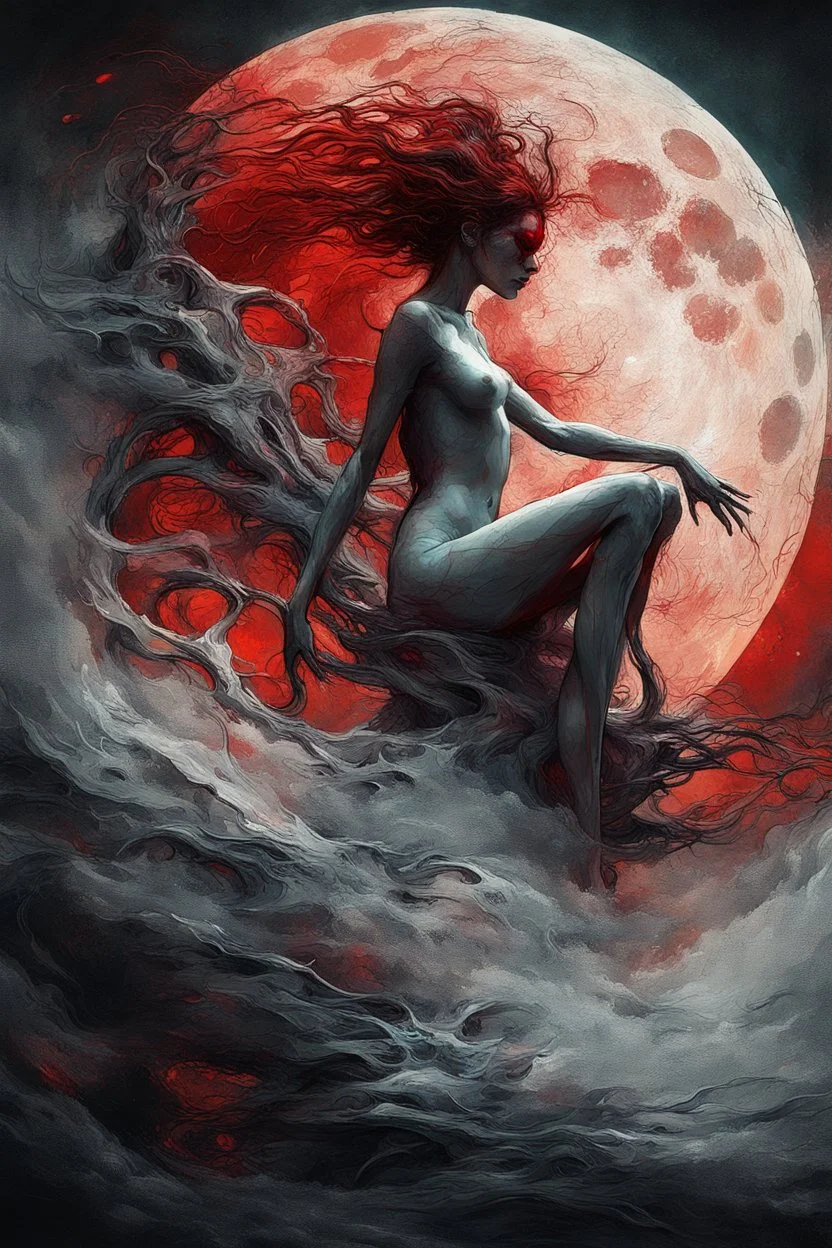 A dramatic digital painting portraying a figure under the Red Moon, veins pulsing, claws of temptation visible, soul in turmoil. In the style of Giger and Salvador Dali and Van Gogh, vivid colors, swirling brushstrokes, highly detailed, 8k resolution, surrealistic., by Ryohei Hase, Agnes Cecile, Raymond Swanland, Anne Bachelie