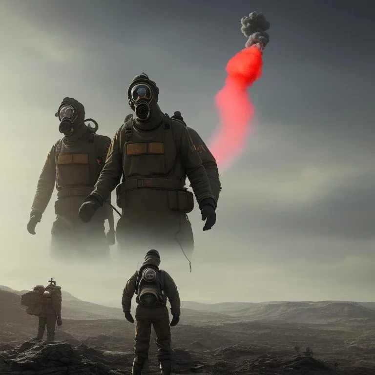 3 hommes en uniformes russes 2022, masque à gaz noir, 4k, réaliste, paysage dévasté, explosion nucléaire en fond, missile dans le ciel, couleurs vives