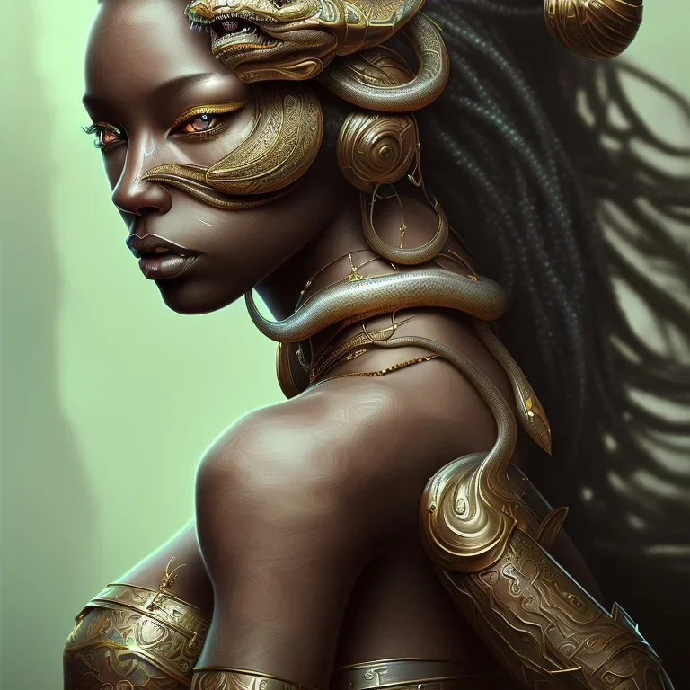 sango fantasy, fantasy magic, intricate, sharp focus, illustration, highly detailed, digital painting, concept art, matte, masterpiece snake head sexy lady body black African beauty tiger wearing African hair