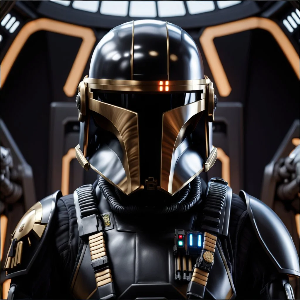 star wars bald male corellian pilot wearing dark gunmetal grey and black First Order special forces TIE pilot armored flightsuit and helmet with gold trim inside the jedi temple, centered head and shoulders portrait, hyperdetailed, dynamic lighting, hyperdetailed background, 8k resolution, volumetric lighting, light skin, fully symmetric details