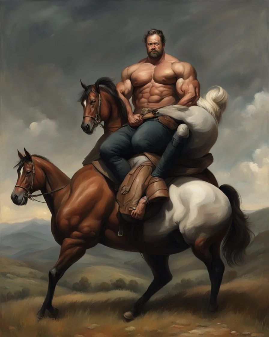 a big muscle man sitting on a horse in hills like a 19th painting