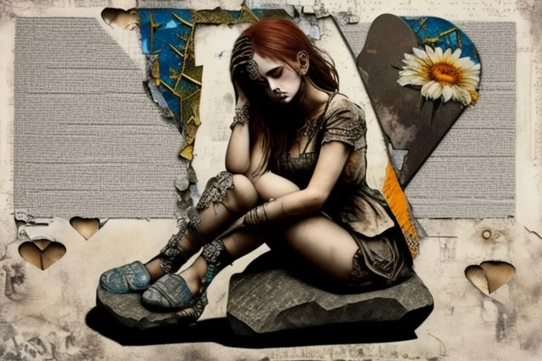 A sad and broken beautiful young woman is sitting on a stone holding a broken metal heart in her hands; perfect anatomically correct hands, perfect anatomically correct feet, mixed media collage, textured, layered, assemblage, inspired by Brian Viveros and Esao Andrews, elements of kintsugi on the edges of the heart with a gold and oxidized copper patina, backdrop of tumbleweeds and cacti interspersed with delicate flowers and subtle bokeh effects, the entire composition exuding an aura of grief