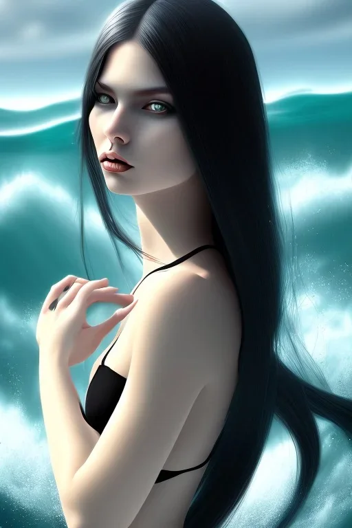 black long hair lady with white top in the ocean