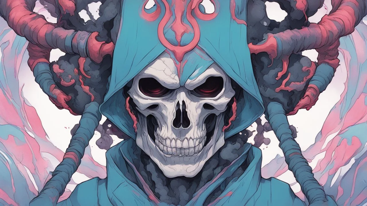 a close up of a person with a skull on their head, blue and black colors, anime skull portrait man, scary detailed art in color, hiroyuki-mitsume takahashi, nychos art aesthetic, half man half skeleton, anime cyberpunk art, colored manga art, rossdraws pastel vibrant, hot colors. insanely detailed, beautiful anime portrait, stunning anime face portrait, scary art in color