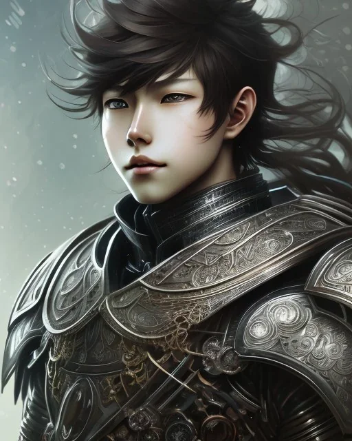 Detailed anime boy, dark brown hair, dragon scale armour, intricate details, full body portrait, keep head in frame, slight smile, black Japanese motif, concept art, highly detailed, digital painting, concept art, sharp focus, illustration, art by Yoji Shinkawa, WLOP and greg rutkowski and alphonse mucha and artgerm and yanjun Chen and Junji ito and Makoto Shinkai, HDR, octane render