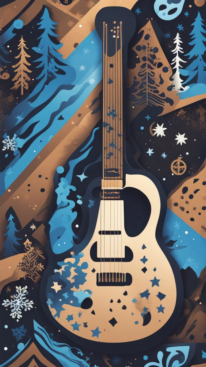 Create a dynamic snowboard pattern with a guitar theme, utilizing a maximum of 6 colors. Feature a stylized guitar fretboard running down the board in rich browns and blacks, complemented by rhythmic snowflakes in cool blues or silvers. Integrate a guitarist silhouette shredding down a mountain slope, using gradients for strumming motion. Keep the palette vibrant and harmonious, capturing the energy of music and snowboarding. very detailed, most detail ,