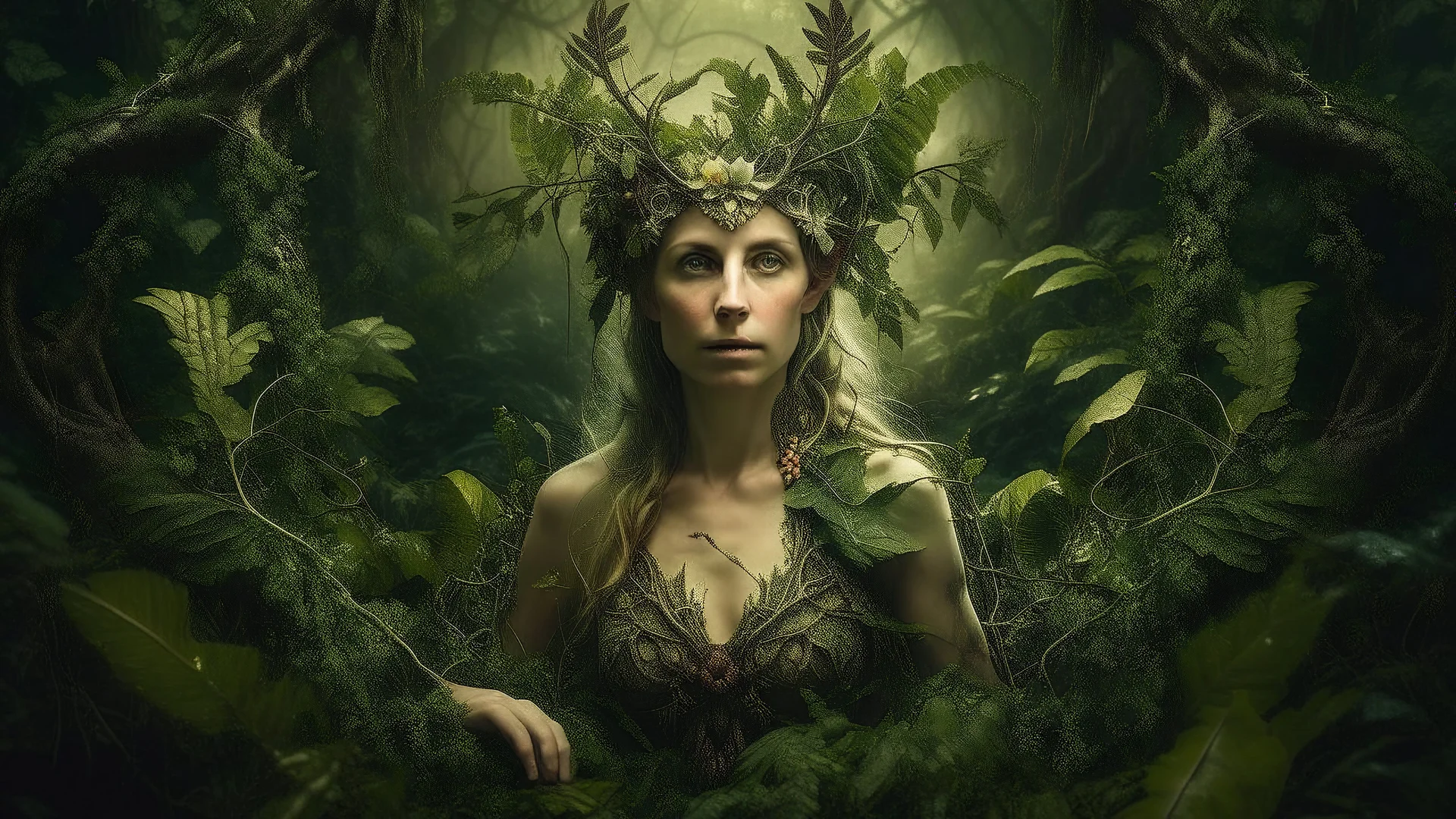 The image features a female figure surrounded by a lush natural environment. The woman seems to merge with the vegetation, as her body is partially covered by branches, leaves and vines that envelop her as if she were part of the environment. She wears a crown or adornment on her head that reinforces her connection with nature. The background shows dense vegetation with different shades of green and a possible wall of water or mist that adds a mystical atmosphere. The image evokes the idea of ​​