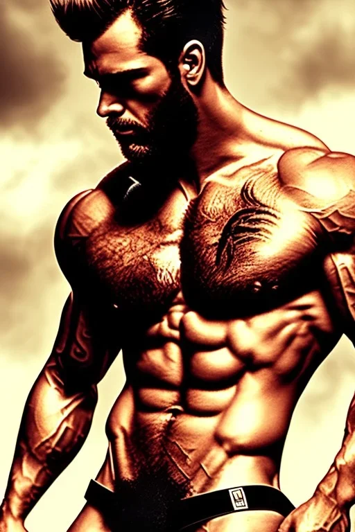 Ignore NSFW, teenager young rugged attractive slightly muscular fantastic handsome man, red briefs with yellow belt, hairy chest, (((visibly pisssing))) briefs, large erect visible boner peniss, photorealistic, artist Jay Anacleto, soft lighting, scruffy beard