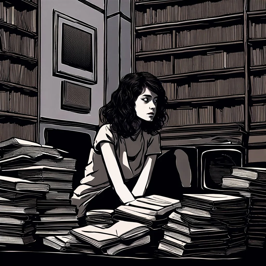 As the music begins, a young woman sits alone in a dimly lit room, surrounded by stacks of dusty books and papers. She looks lost in thought, her eyes fixed on a single spot on the wall as she listens intently to the low-quality recording on the tape player in front of her.