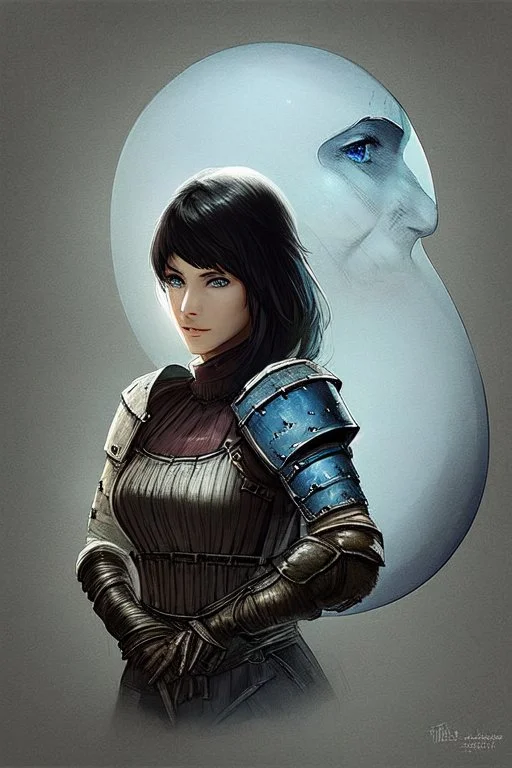 Motoko Kusanagi from "Ghost In The Shell (1995)", clad in medieval stell plate armour, alone, blue eyes, perfect, beautiful, black hair, realistic proportions, androgynous