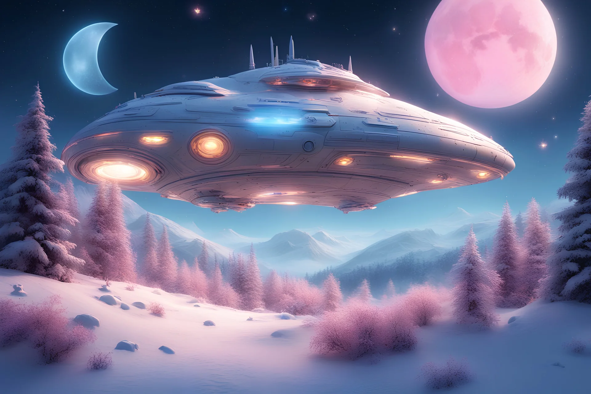 In a snowy and magical landscape with , a magnificent spaceship flies.The spaceship has soft shapes. The spaceship is silver and blue , very bright and sweet, and very refined with small portholes and lots of lights .In the foreground they are delicate and very small pink and yellow flowers The sky is dark blue with a crescent moon and stars. There are a lot of fir trees with snow. There is a frozen lake of turquoise water.. There are sparks of light everywhere.