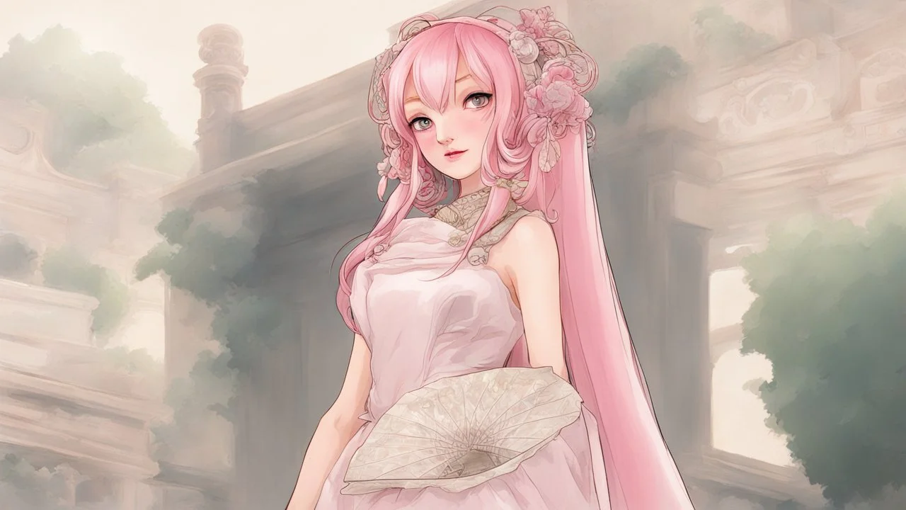 Pink Haired Noble lady holding a fan