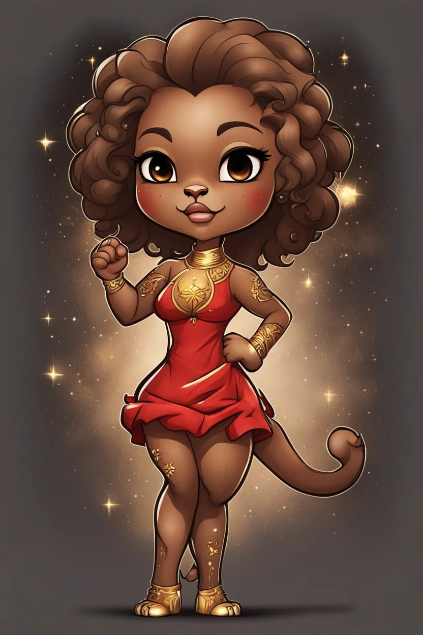 A fierce yet cute airbrushed cartoon black chibi Lioness cartoon girl standing proudly with her curvy body and head held high. Her brown skin has temporary golden Leo constellation tattoos. She raises her fist powerfully like a lion's paw, wearing a bold red dress representing her leadership qualities.